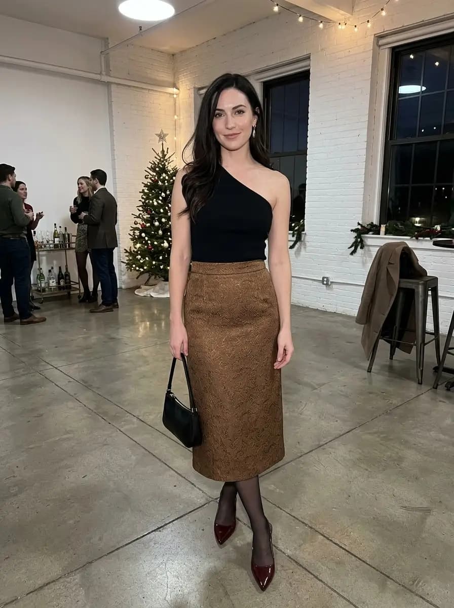 Asymmetric one-shoulder black top paired with a bronze jacquard midi skirt and burgundy pumps