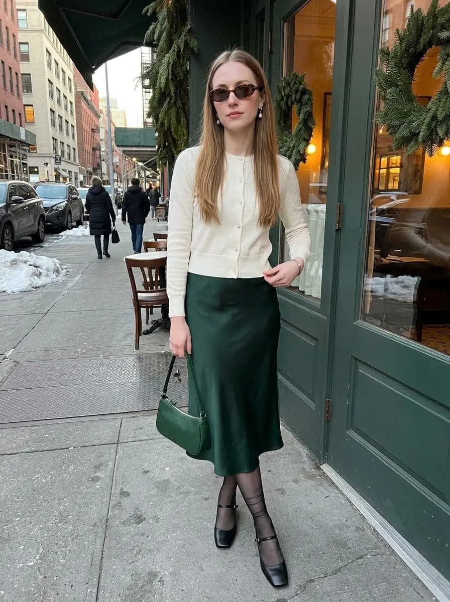 Fitted ivory cardigan paired with an emerald satin midi skirt, sheer black tights, and Mary Jane heels