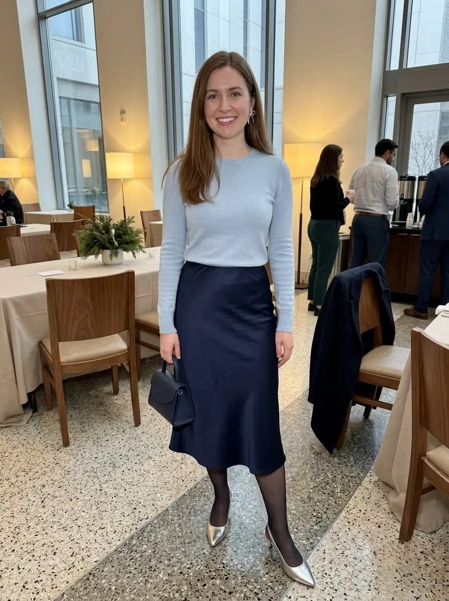 Pale blue fitted sweater with navy satin midi skirt, sheer tights, and silver pumps