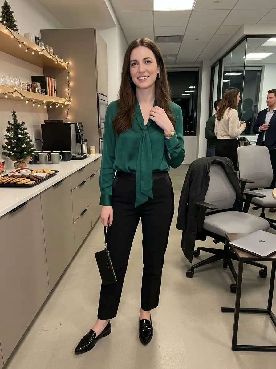 Emerald green tie-neck blouse paired with slim black trousers and patent loafers