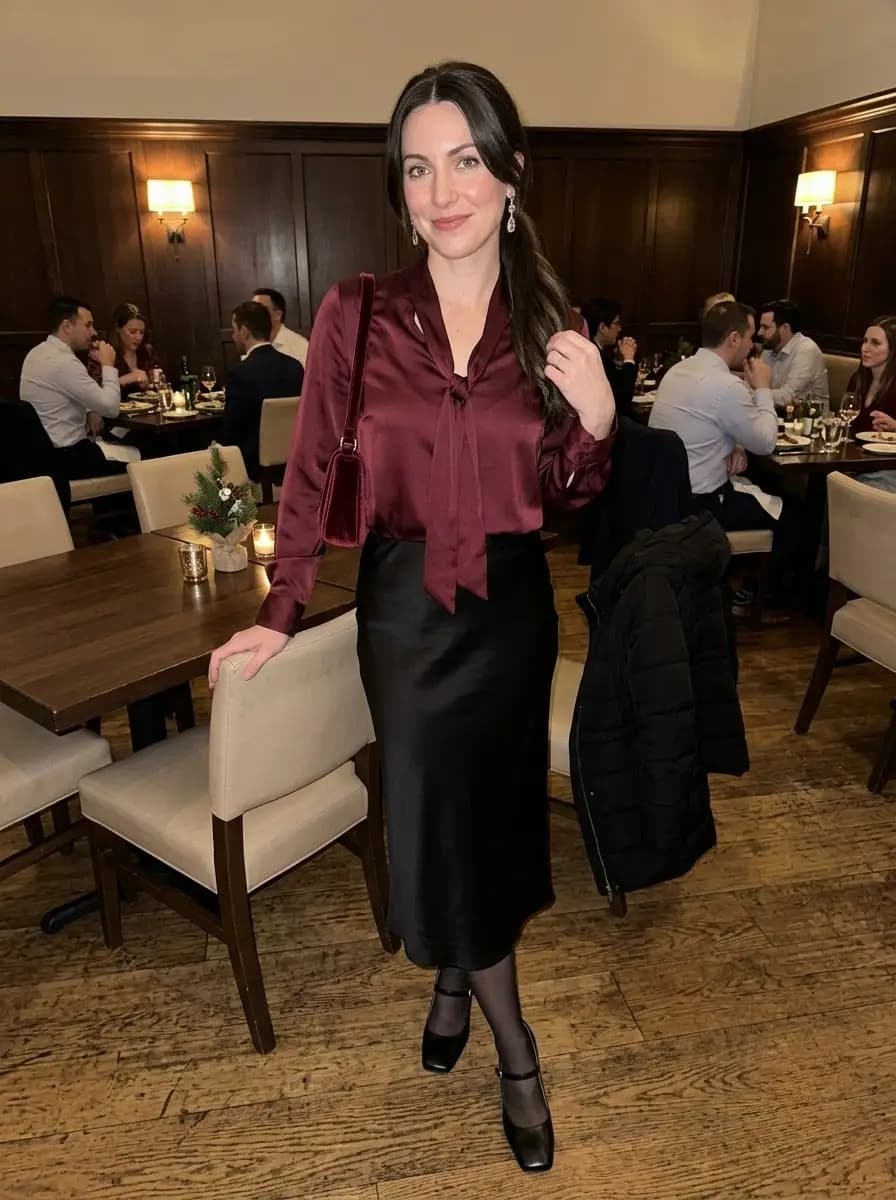 Wine-colored satin tie-neck blouse with a black satin midi skirt and burgundy velvet bag