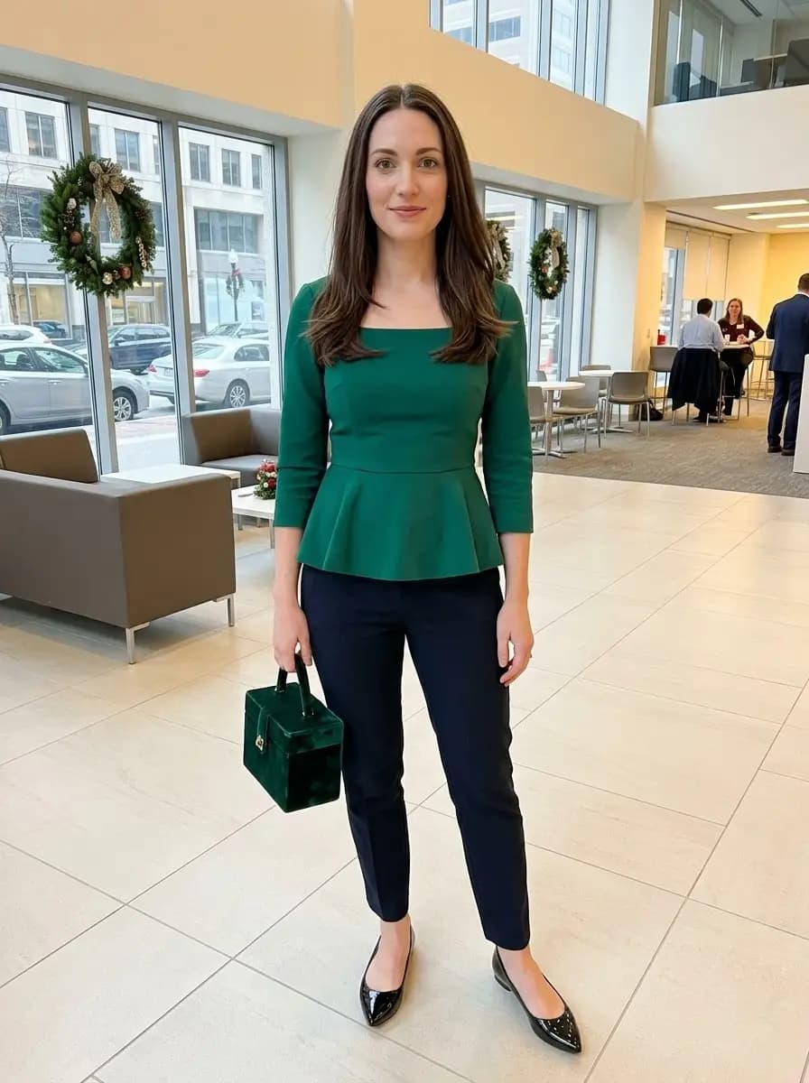 Fitted emerald green peplum top with navy ankle trousers and patent ballet flats