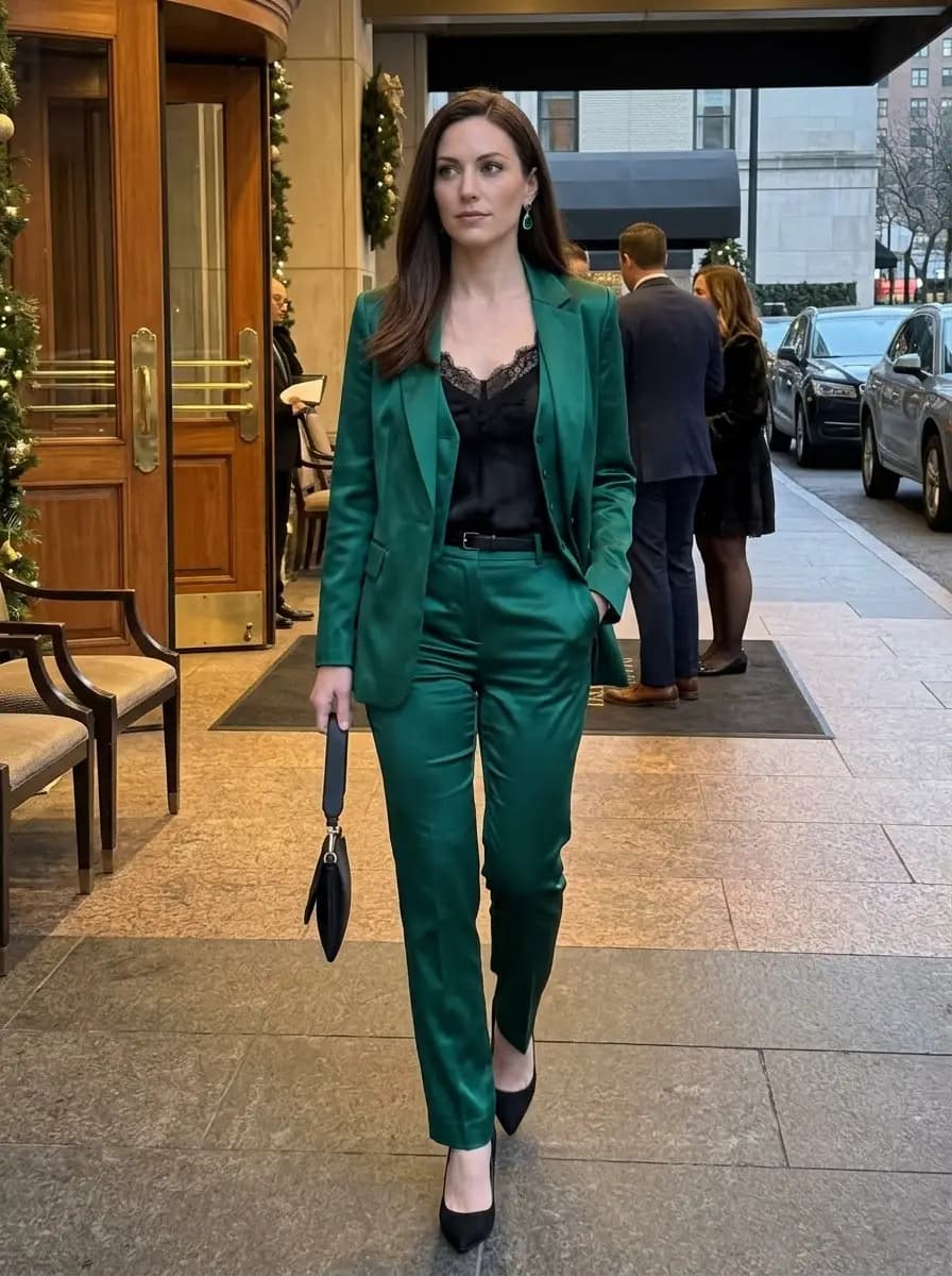 Emerald green satin blazer and matching trousers with black lace camisole and pointed pumps