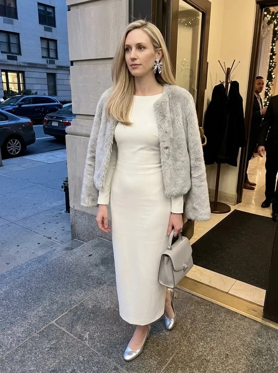 Ivory long-sleeve midi dress layered with pale-gray faux-fur jacket and silver ballet flats
