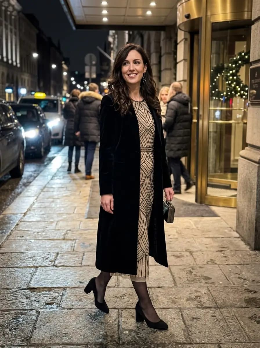Champagne geometric midi dress under a long black velvet coat with block heels