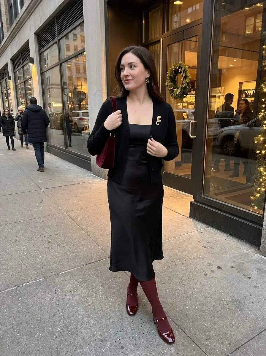 Black satin midi dress with black cardigan, gold brooch, burgundy tights, and Mary Janes