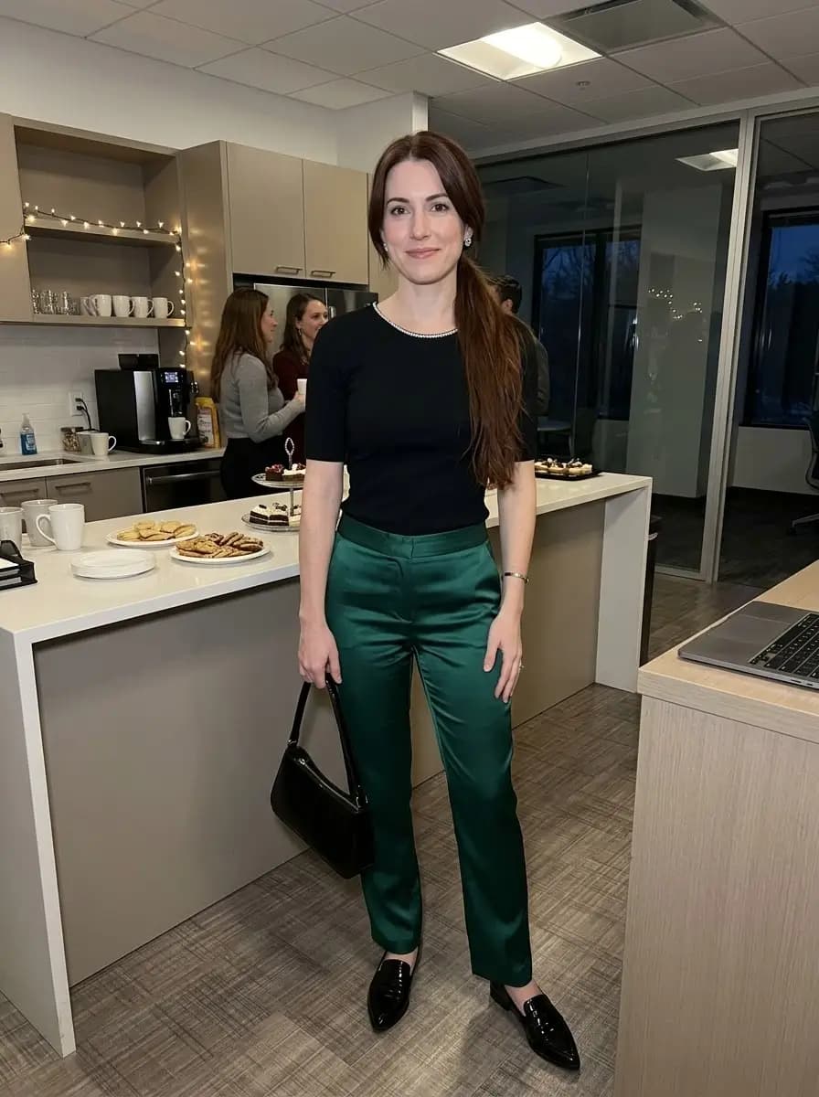 Tailored emerald satin trousers with a fitted black short-sleeve top and black patent loafers