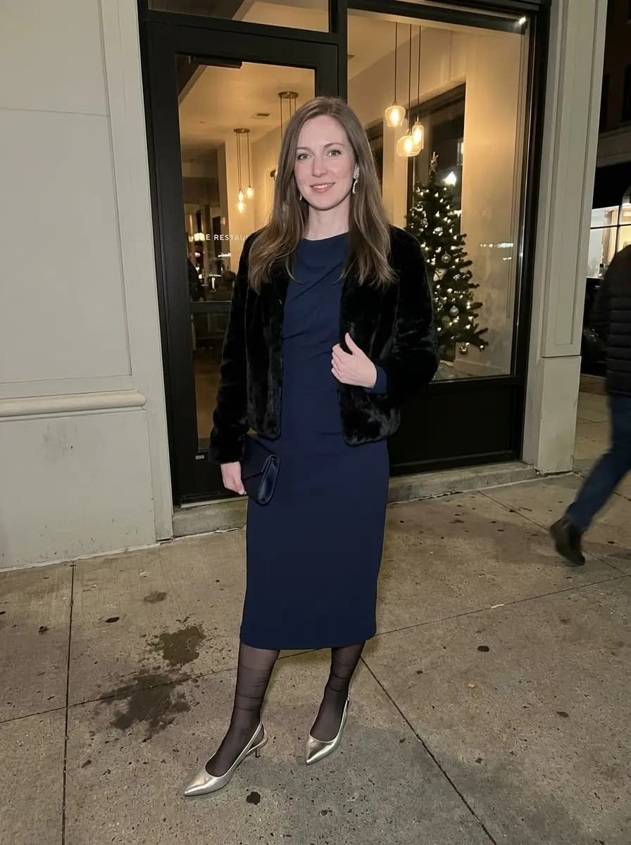 Navy midi dress with cropped black faux-fur jacket, sheer tights, and silver pumps
