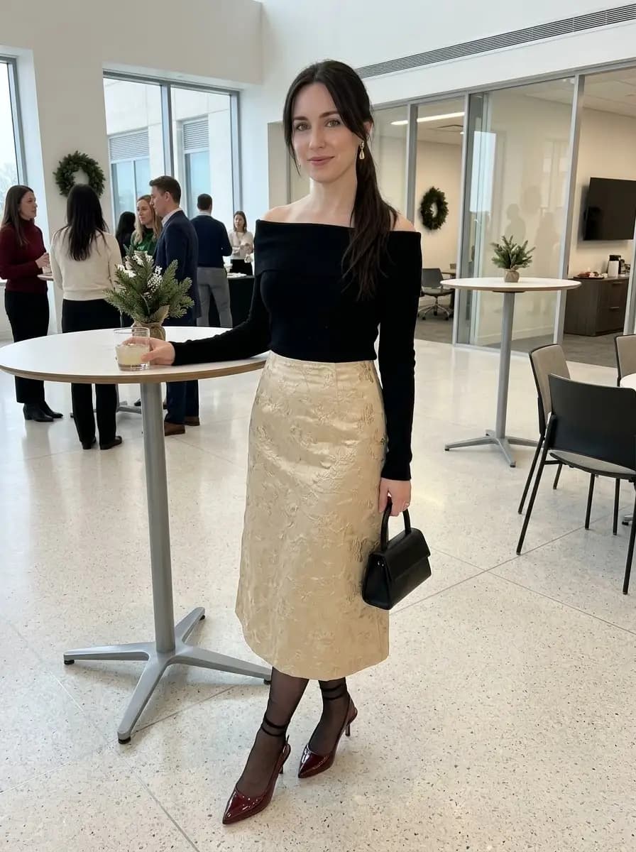 Off-the-shoulder black top paired with a champagne-gold floral textured midi skirt and burgundy heels