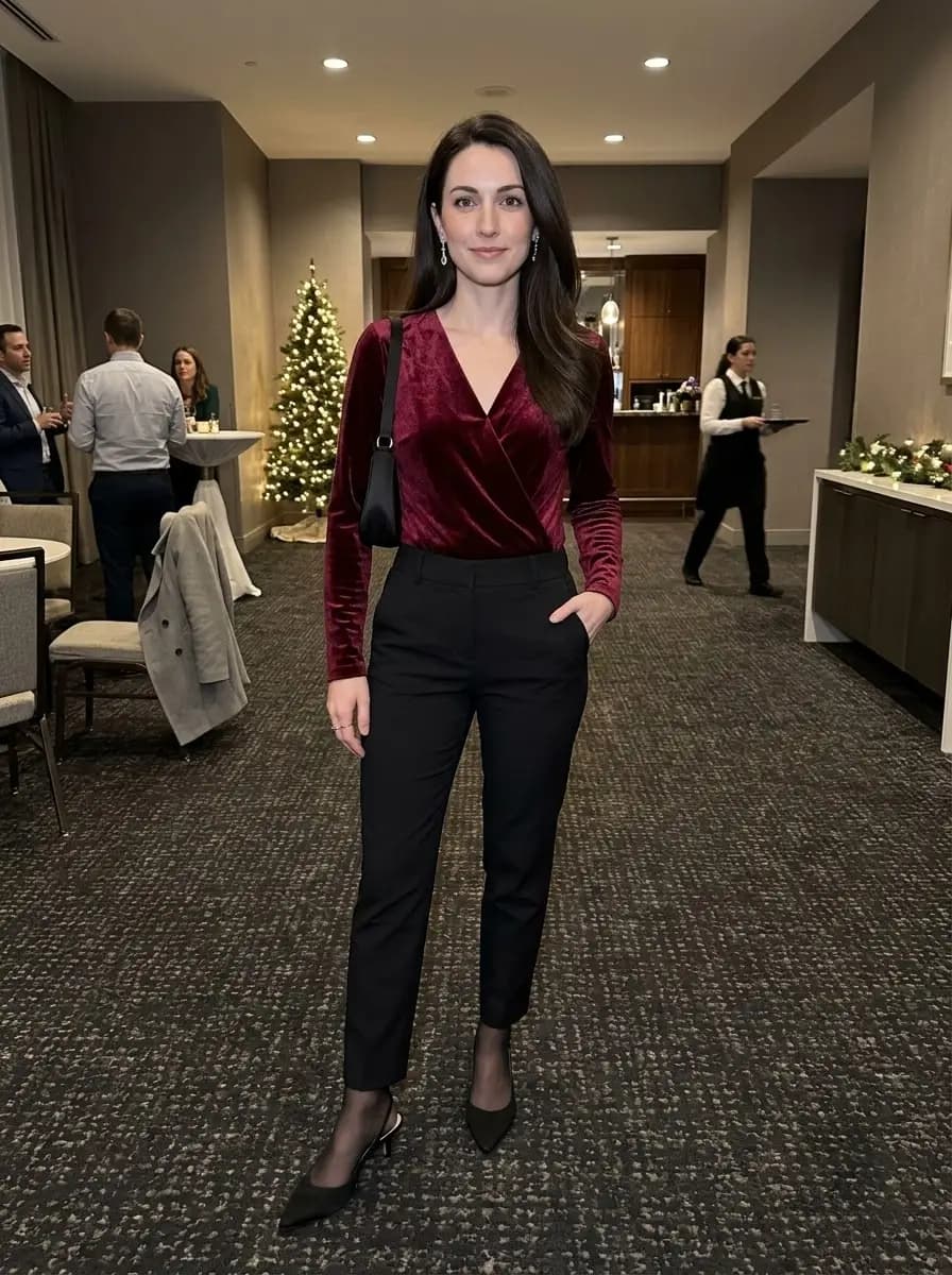 Burgundy velvet wrap top paired with tailored black trousers and slingback heels