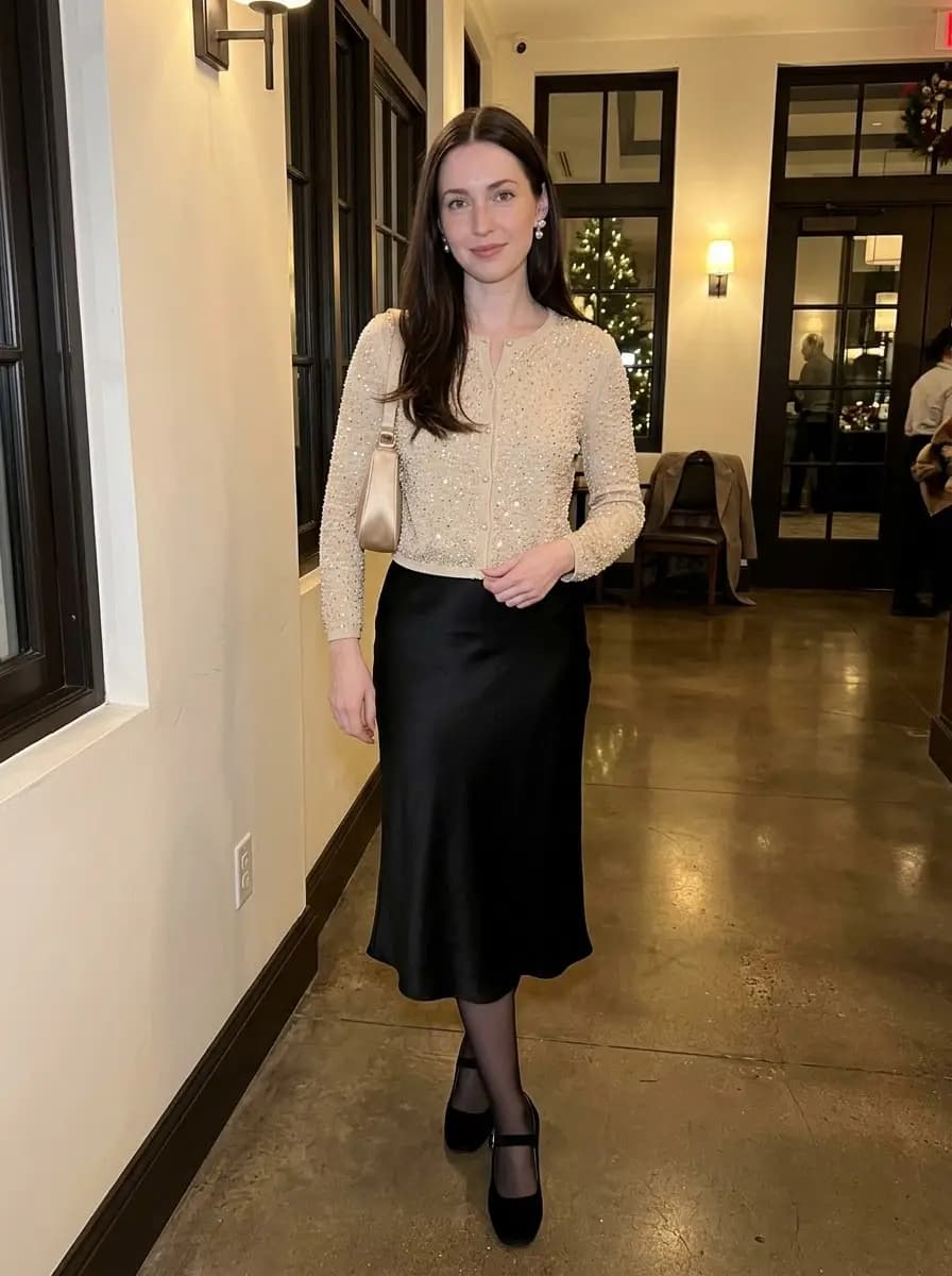Beaded champagne cardigan with a black satin midi skirt, sheer black tights, and Mary Jane heels
