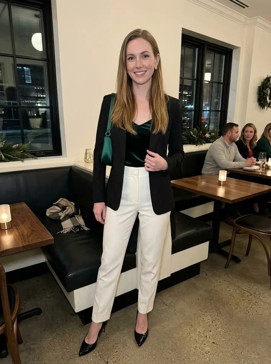 Emerald green velvet camisole layered under a black blazer with high-waisted ivory trousers and black pumps