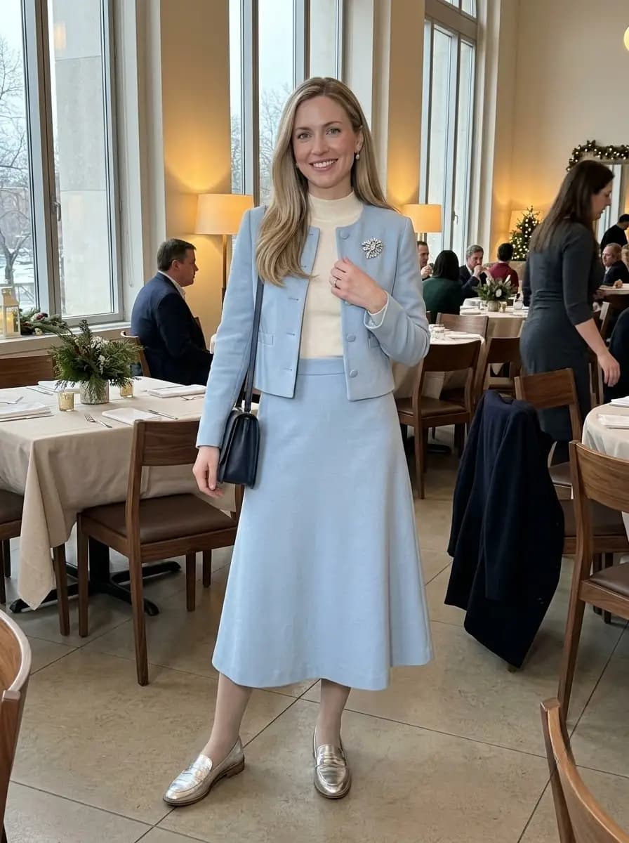 Powder-blue cropped jacket and matching A-line midi skirt with cream mock-neck top and silver loafers