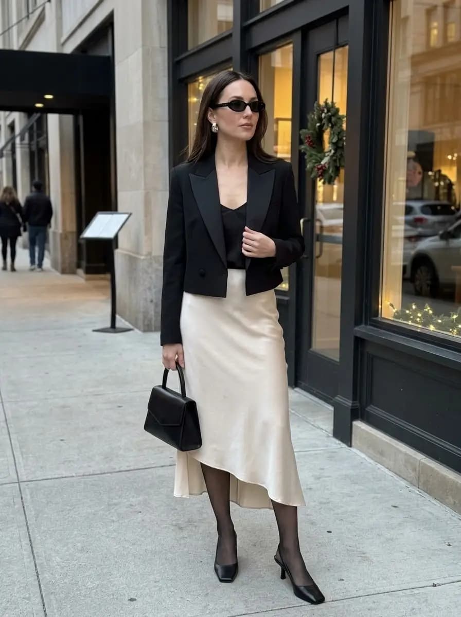 Champagne satin midi skirt paired with a black camisole and cropped tuxedo-style blazer
