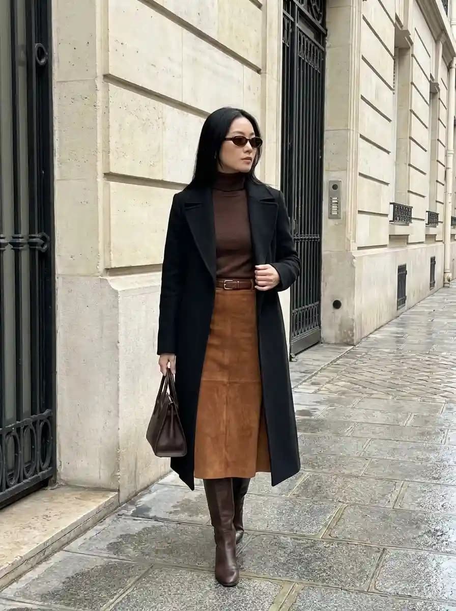Chocolate Turtleneck with Camel Suede Midi Skirt and Black Coat