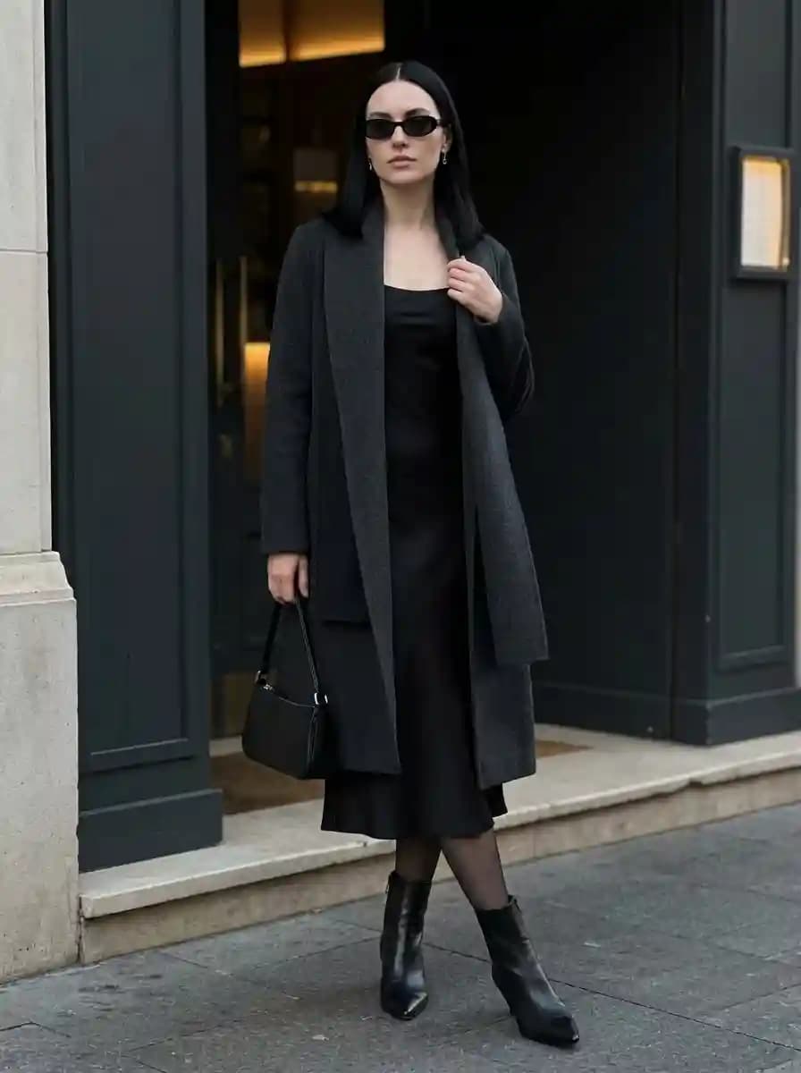 Long Charcoal Coat over a Black Midi Dress
