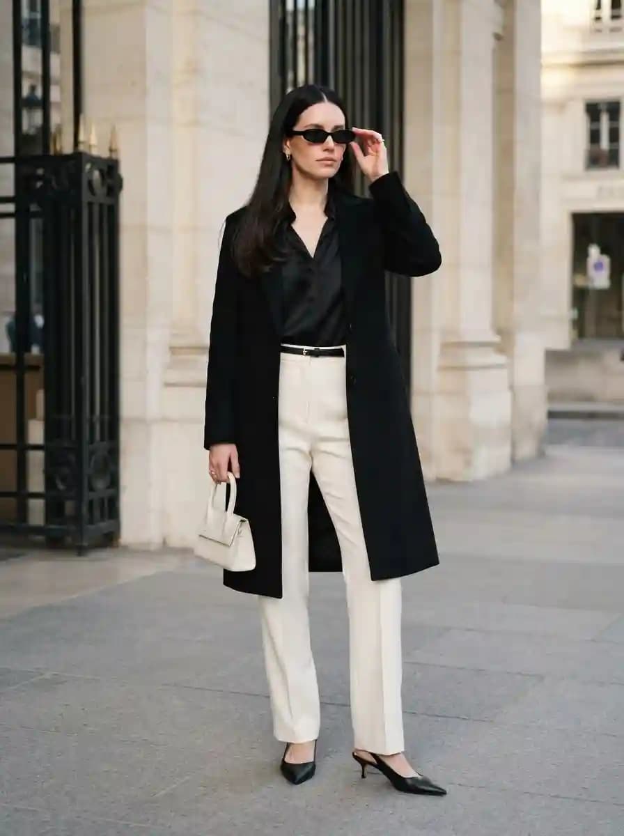 Black Shirt with Ivory Trousers and Long Black Coat