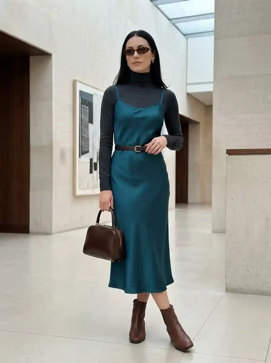 Teal Slip Dress over a Charcoal Turtleneck
