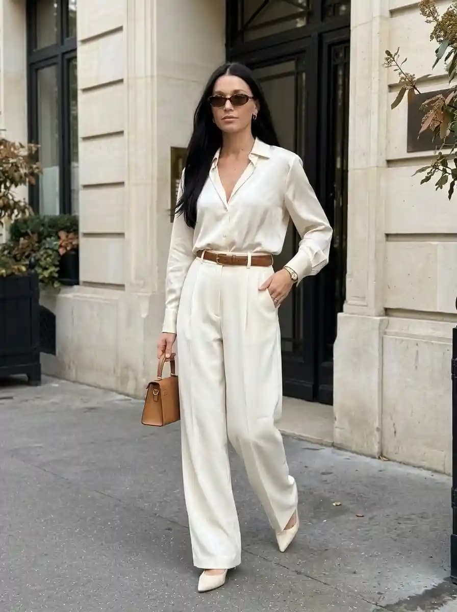 Ivory Blouse with Wide-Leg Cream Trousers