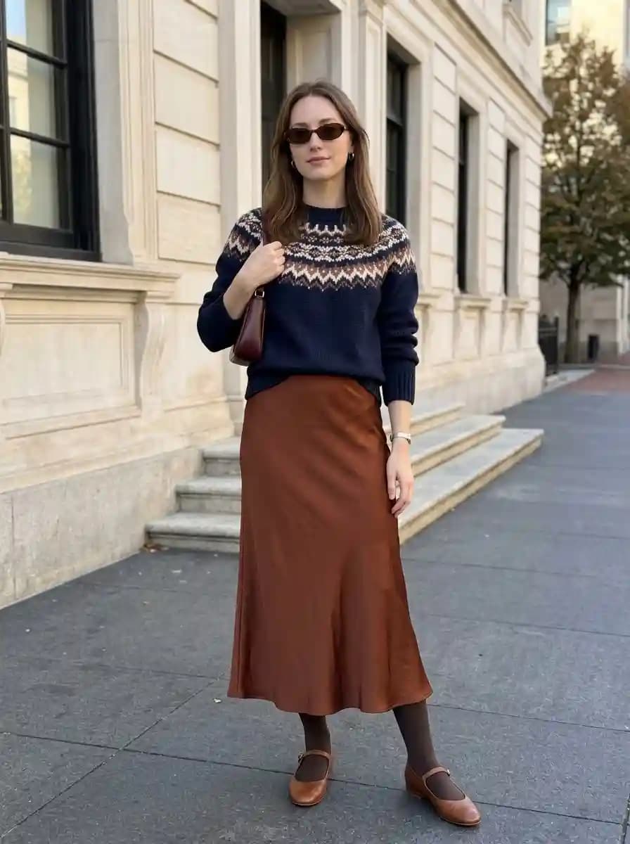 Fair Isle Sweater with Rust Satin Midi Skirt