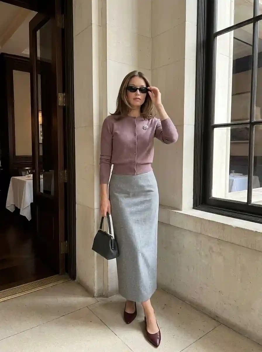 Dusty Rose Cardigan with Grey Pencil Midi Skirt
