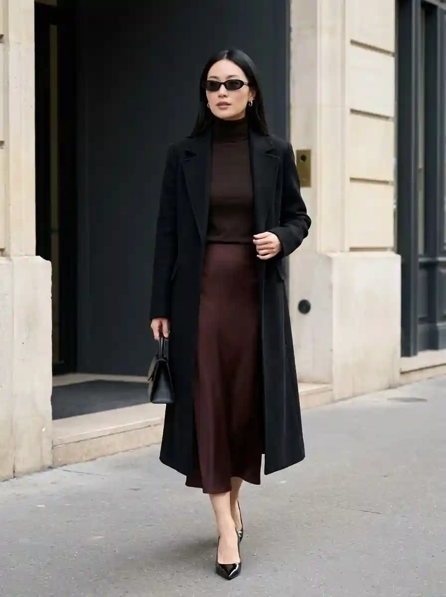 Black Long Coat with Chocolate Turtleneck and Midi Skirt