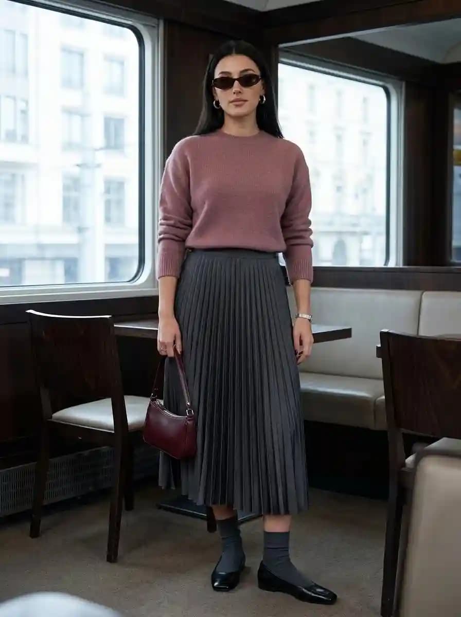 Dusty Rose Sweater with Charcoal Pleated Midi Skirt