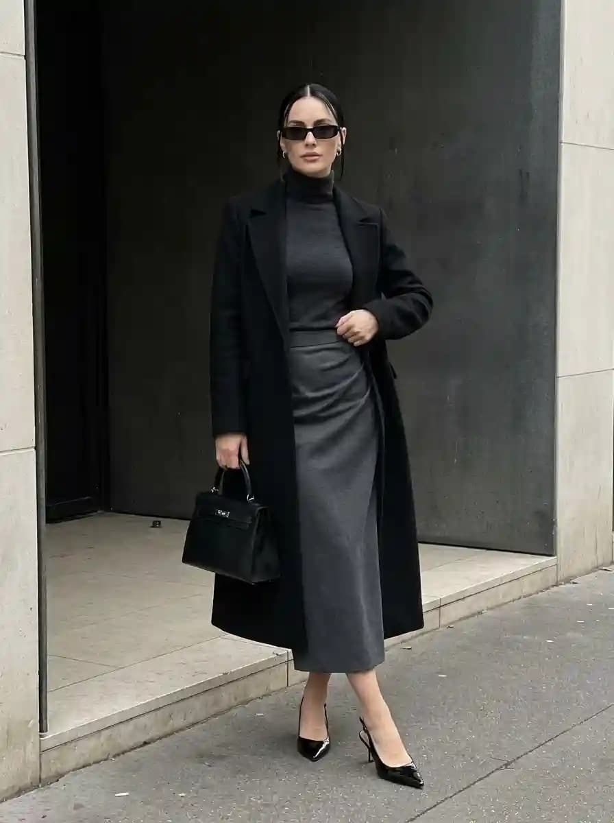 Charcoal Turtleneck with Matching Midi Skirt and Black Coat