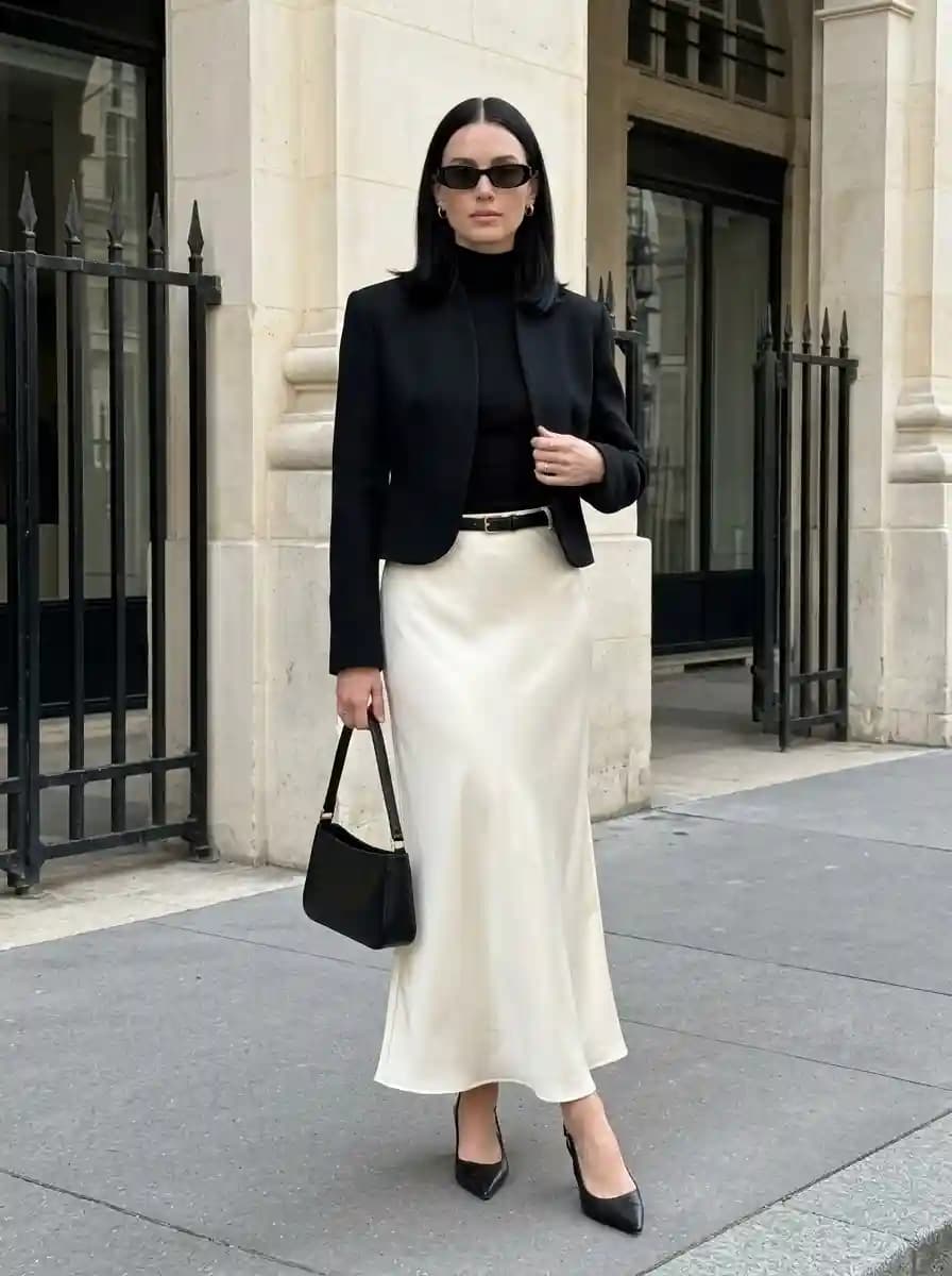 Black Blazer with Black Turtleneck and Ivory Satin Skirt