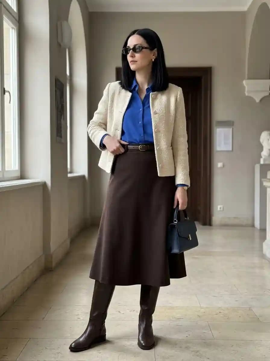 Cream Jacket with Cobalt Blouse and Chocolate Midi Skirt