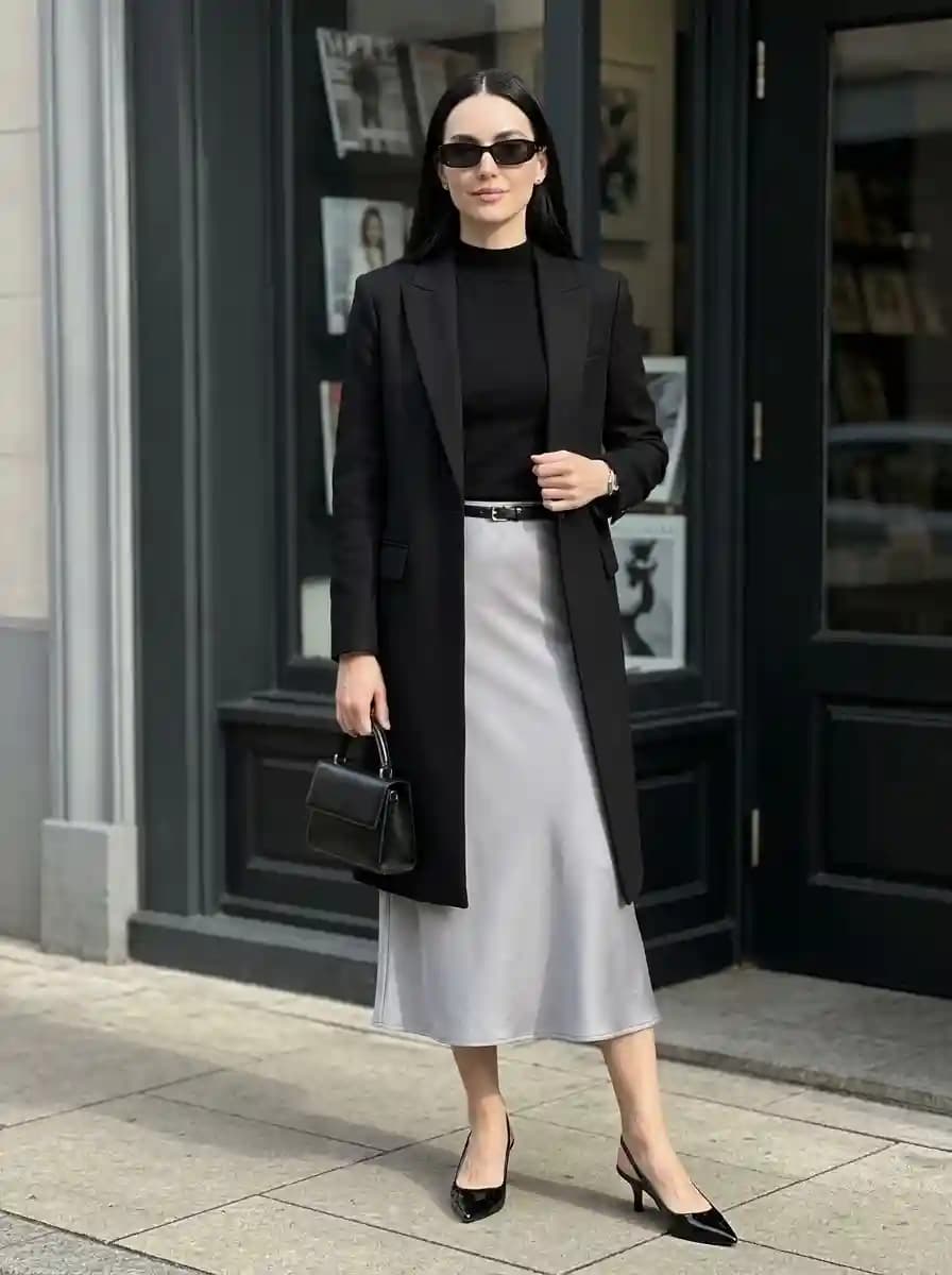 Black Coat with Black Knit and Silver Satin Midi Skirt