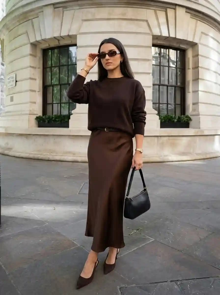 Chocolate Sweater with Matching Satin Midi Skirt