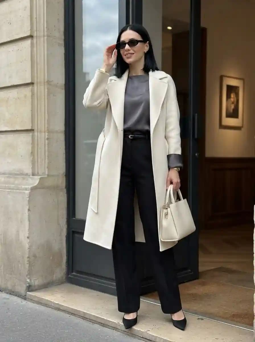 Grey Satin Blouse with Black Trousers and Ivory Long Coat