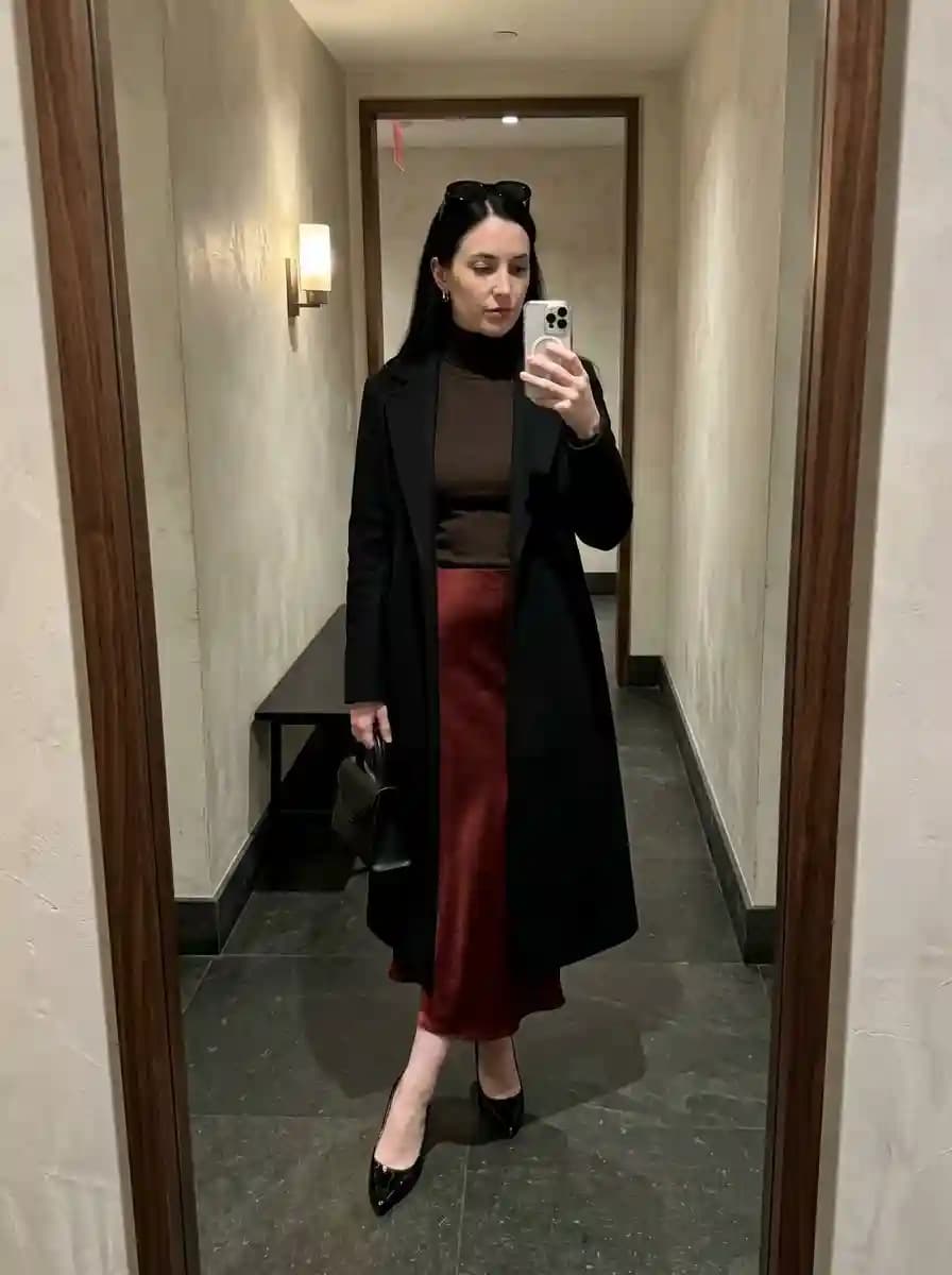Woman wearing a long black coat over a chocolate turtleneck and burgundy satin midi skirt with black pointed heels.