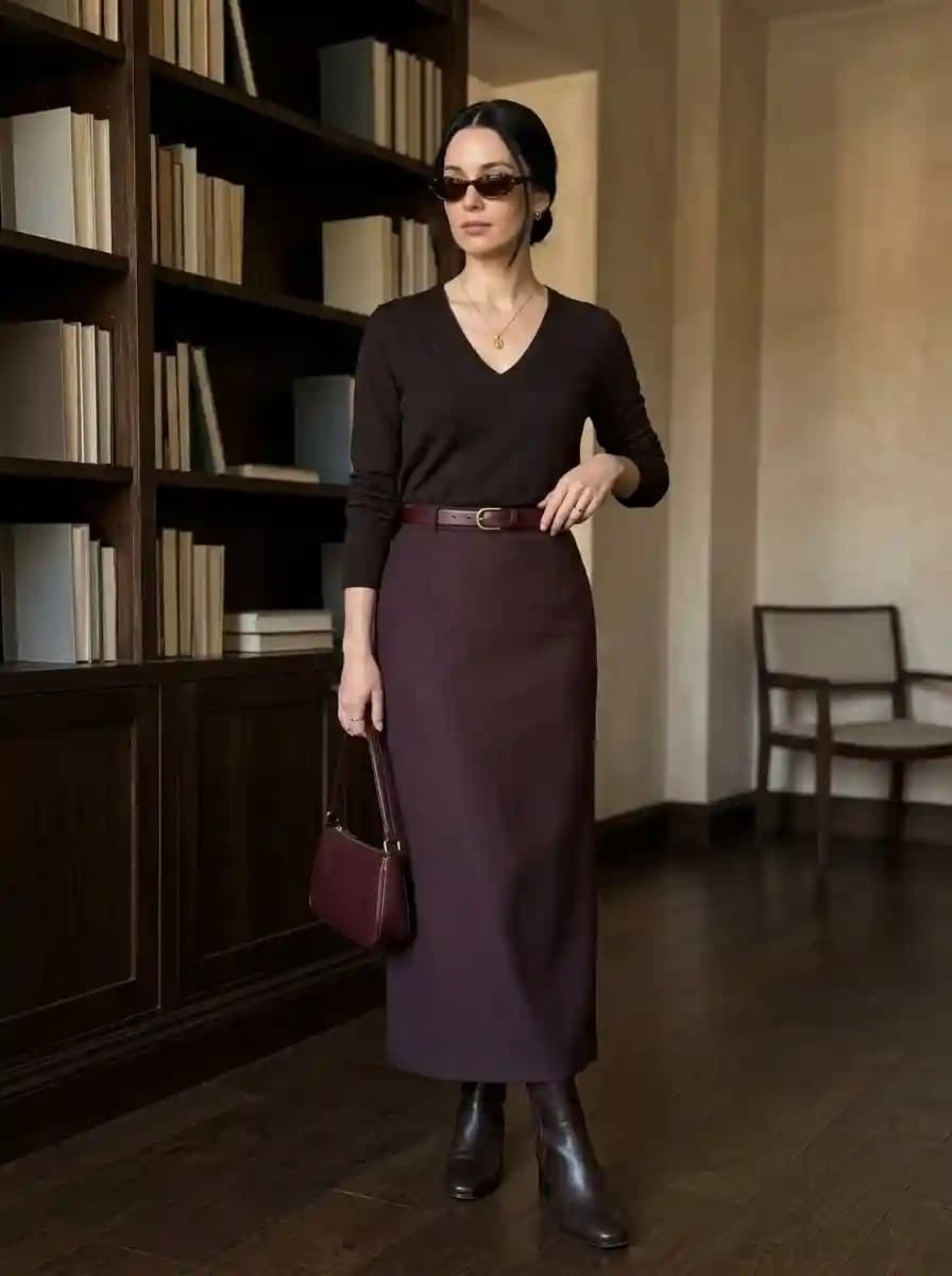 Woman wearing a chocolate brown V-neck knit with a burgundy long skirt, slim belt, matching shoulder bag, and dark ankle boots.