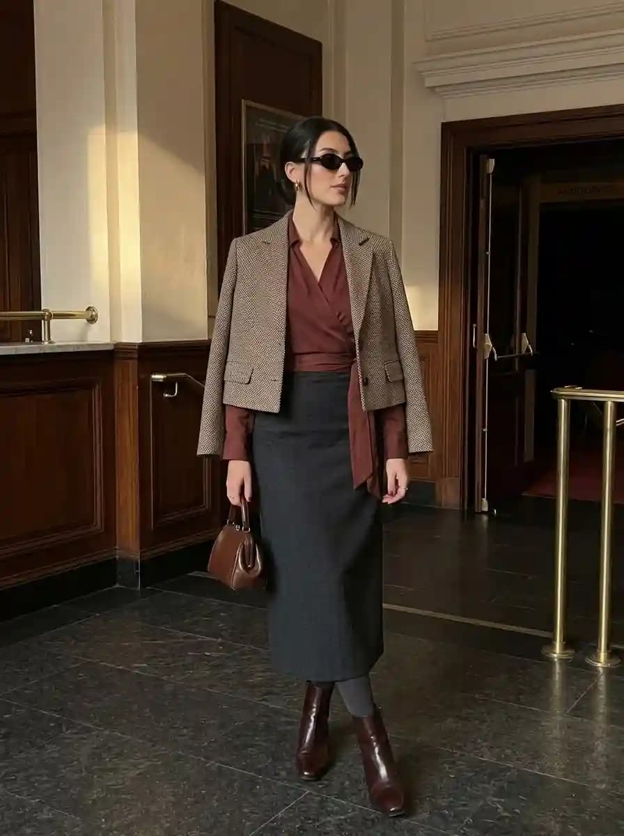 Woman wearing a brown tweed cropped blazer over a rust wrap blouse with a charcoal midi skirt and burgundy ankle boots.