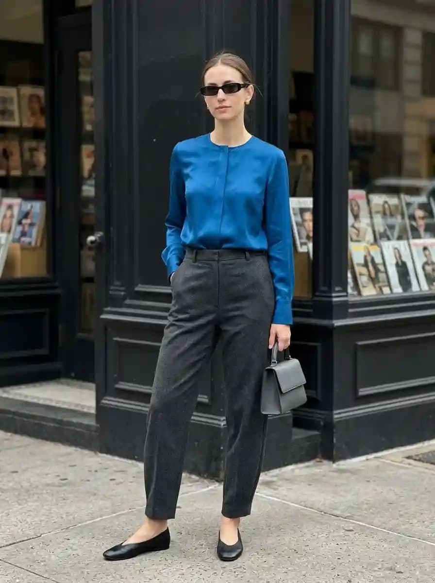 Woman wearing a cobalt blue blouse tucked into charcoal tailored trousers with black ballet flats and a structured grey handbag.