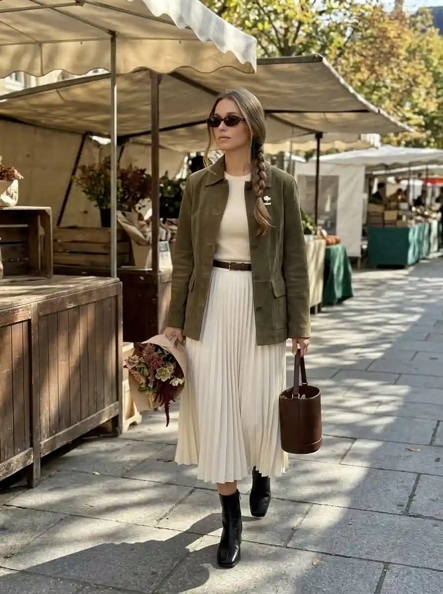 Woman wearing an olive tailored jacket over a cream top and pleated cream midi skirt with a brown belt and black ankle boots.