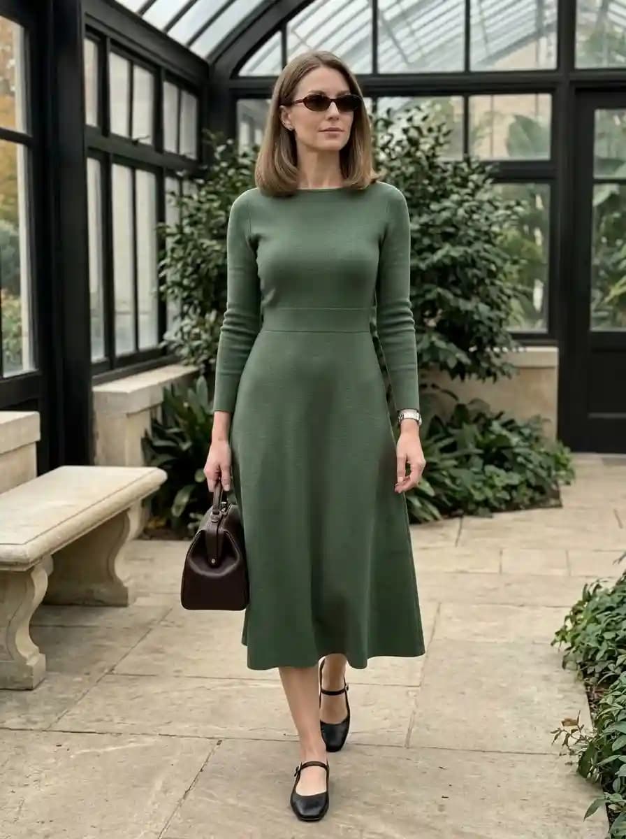 Woman wearing a sage green long-sleeve knit midi dress with black Mary Jane flats and a structured brown handbag.