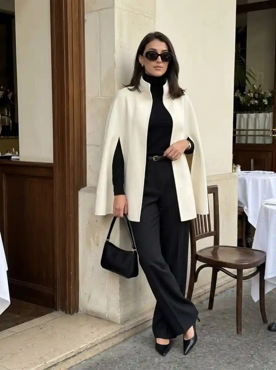 Black Turtleneck and Wide-Leg Trousers with Ivory Cape