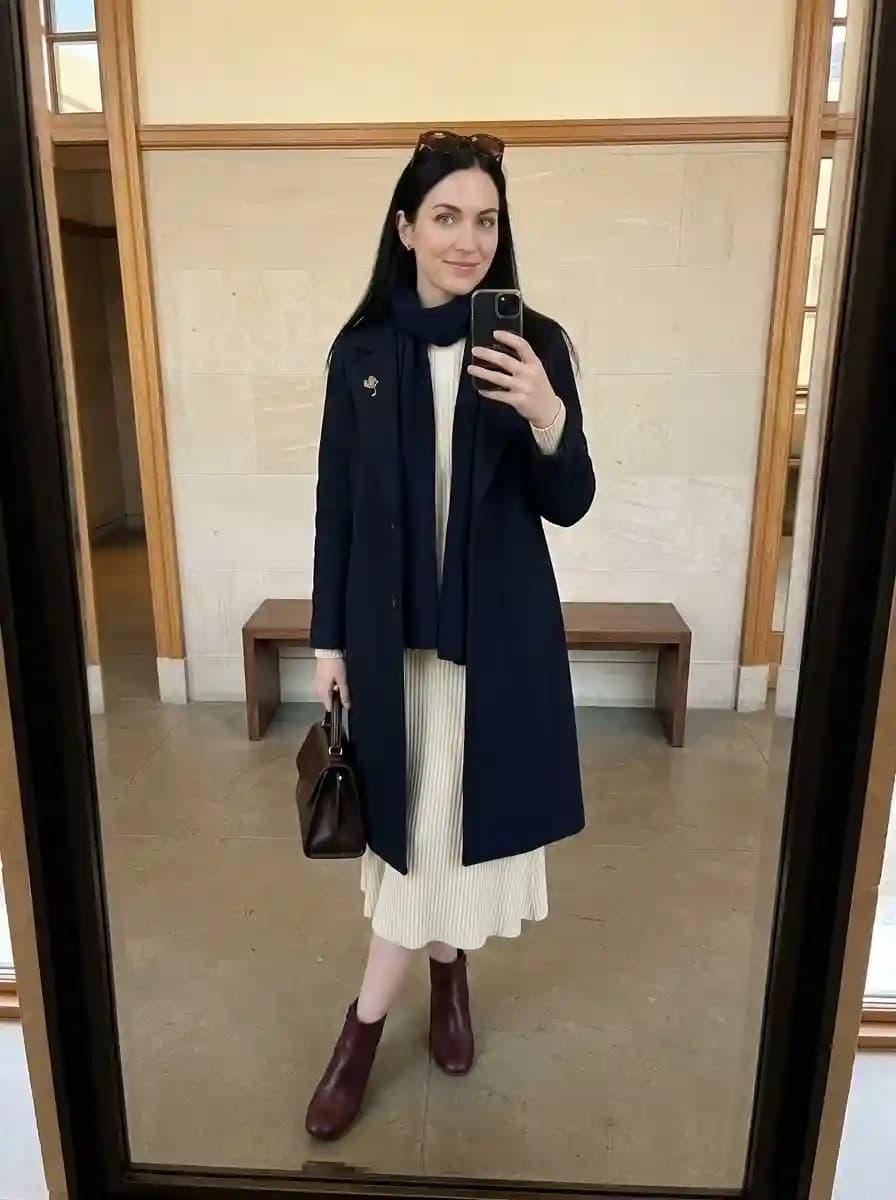 Woman wearing a navy long coat and scarf over a cream pleated midi dress with burgundy ankle boots and a brown structured handbag.
