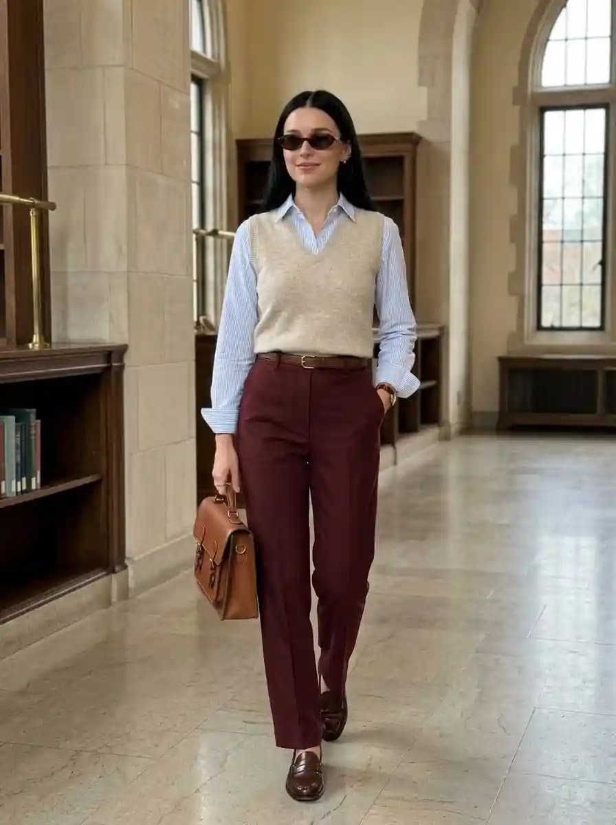 Woman wearing a cream sweater vest over a blue striped button-down shirt with burgundy tailored trousers, brown loafers, and a structured leather handbag.