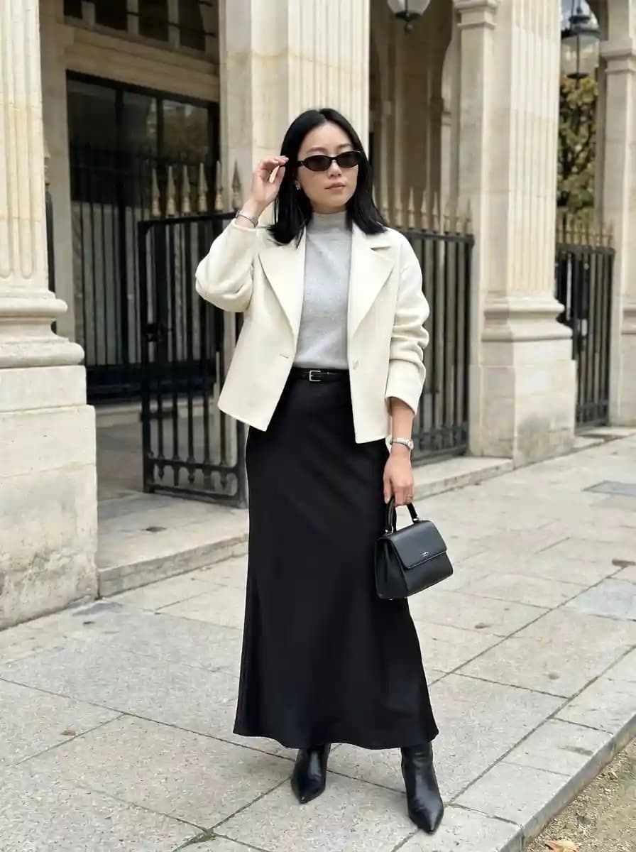 Grey Turtleneck with Black Midi Skirt and Cropped Ivory Blazer