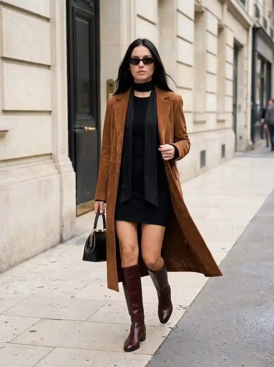 Black Mini Dress with Long Camel Coat and Knee-High Boots