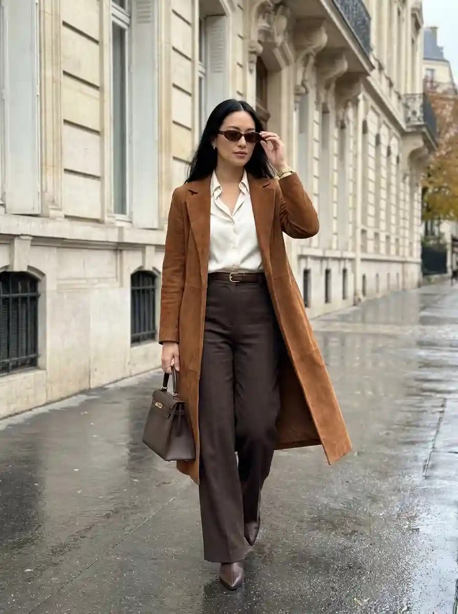 Ivory Blouse with Chocolate Trousers and Long Suede Coat