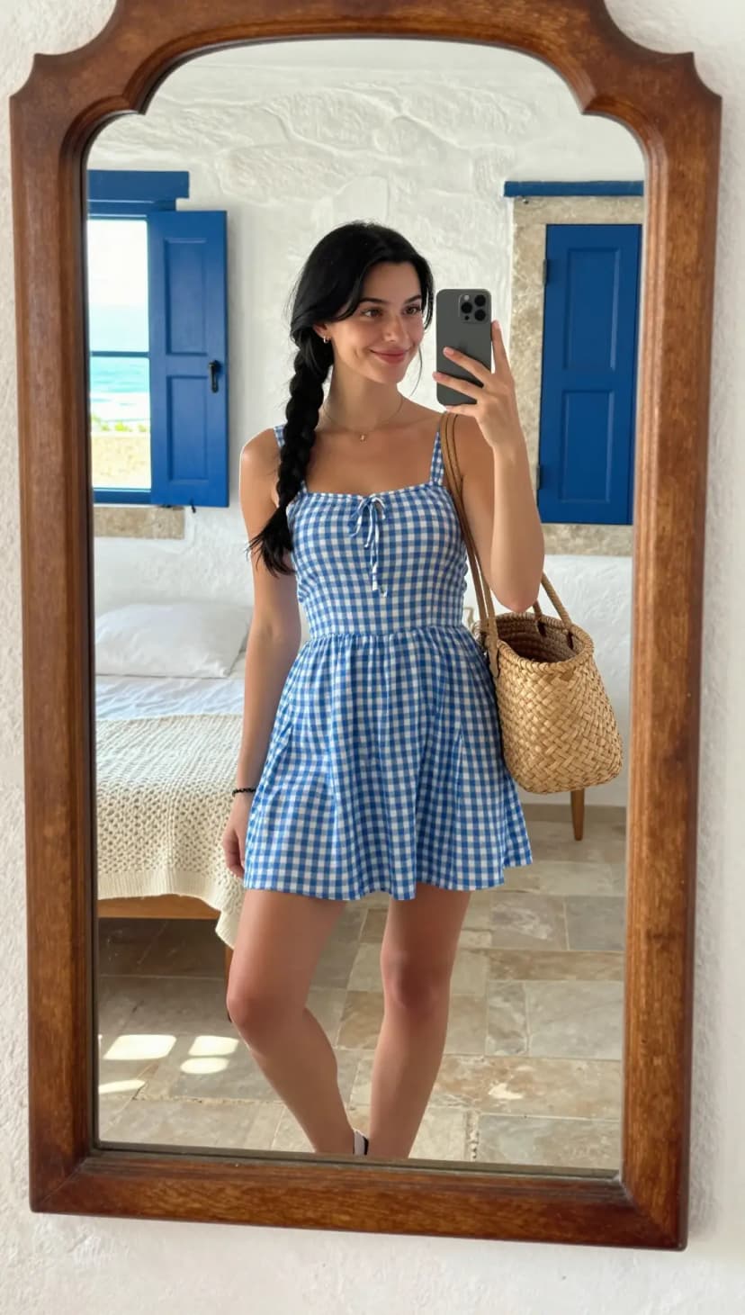 Blue Gingham Cotton Mini Dress
