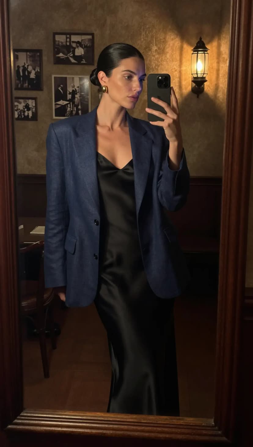 Blue Linen Blazer + Black Satin Slip Dress