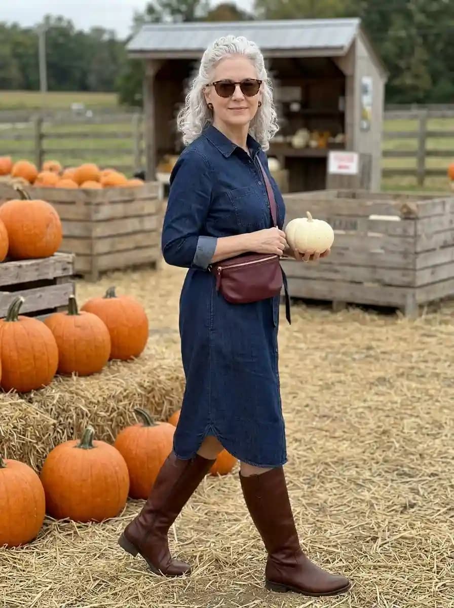 Dark-wash denim shirt dress with tall chocolate-brown boots and burgundy belt bag