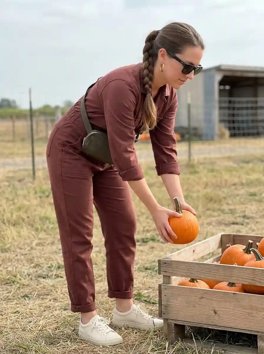 Rust utility jumpsuit with white sneakers and olive crossbody bag