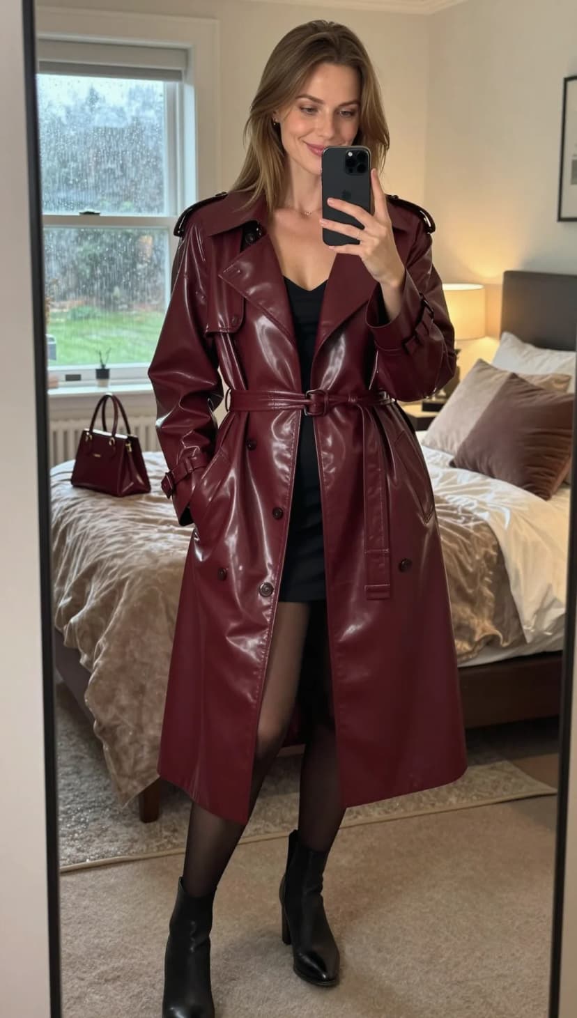 Burgundy Faux Leather Trench Coat + Black Mini Dress + Black Ankle Boots